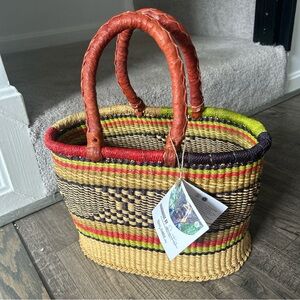 African Bolga Ghana Market Ovel Basket Hand Woven Leather Wrap Handles Tote Bag